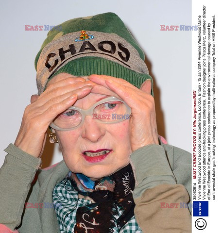 Vivienne Westwood wearing a hat with Chaos 