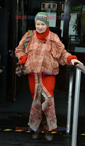 Vivienne Westwood wearing a hat with Chaos 